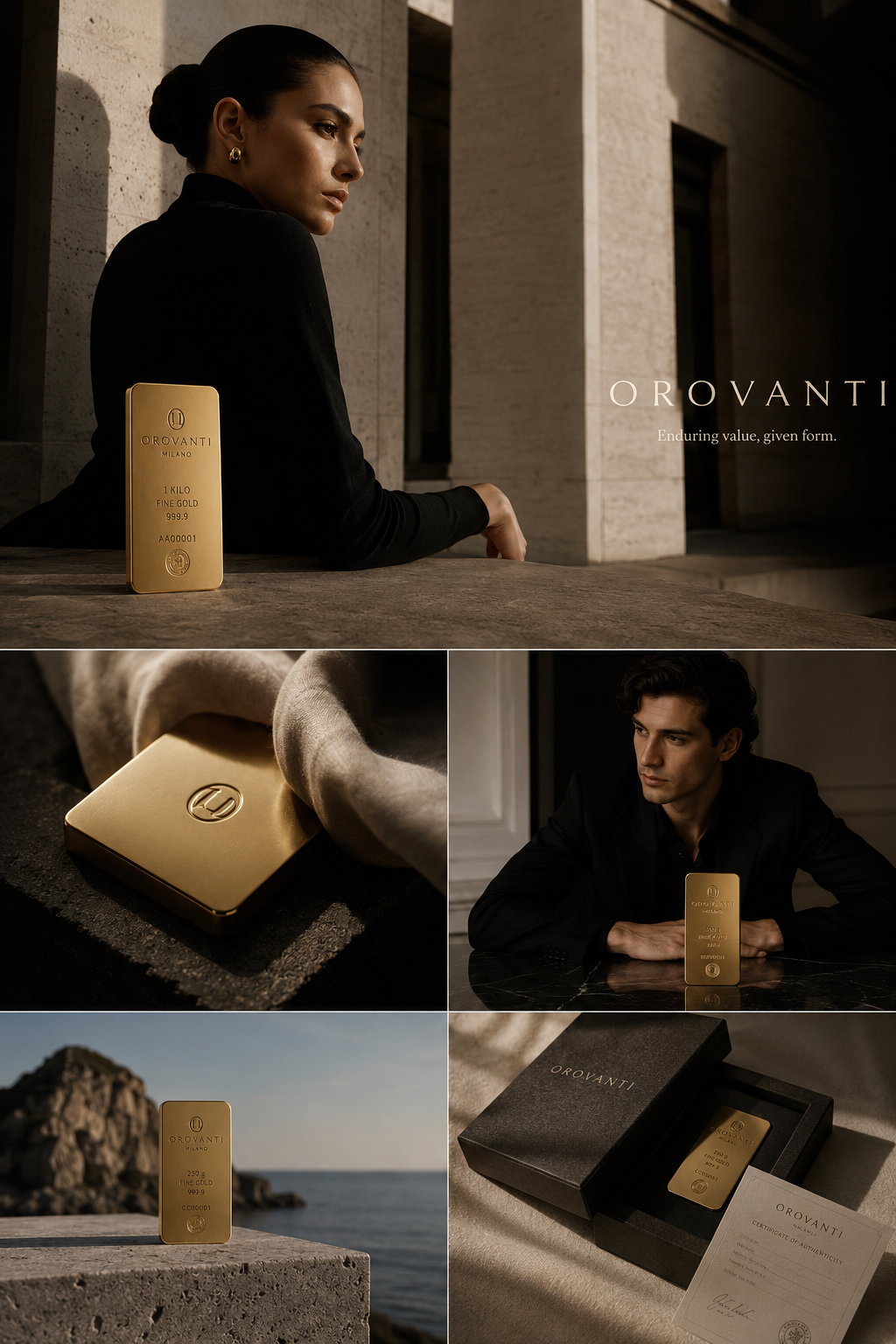 Editorial campaign for Vol. I — Forma. A woman stands beside a 1kg Orovanti bar.