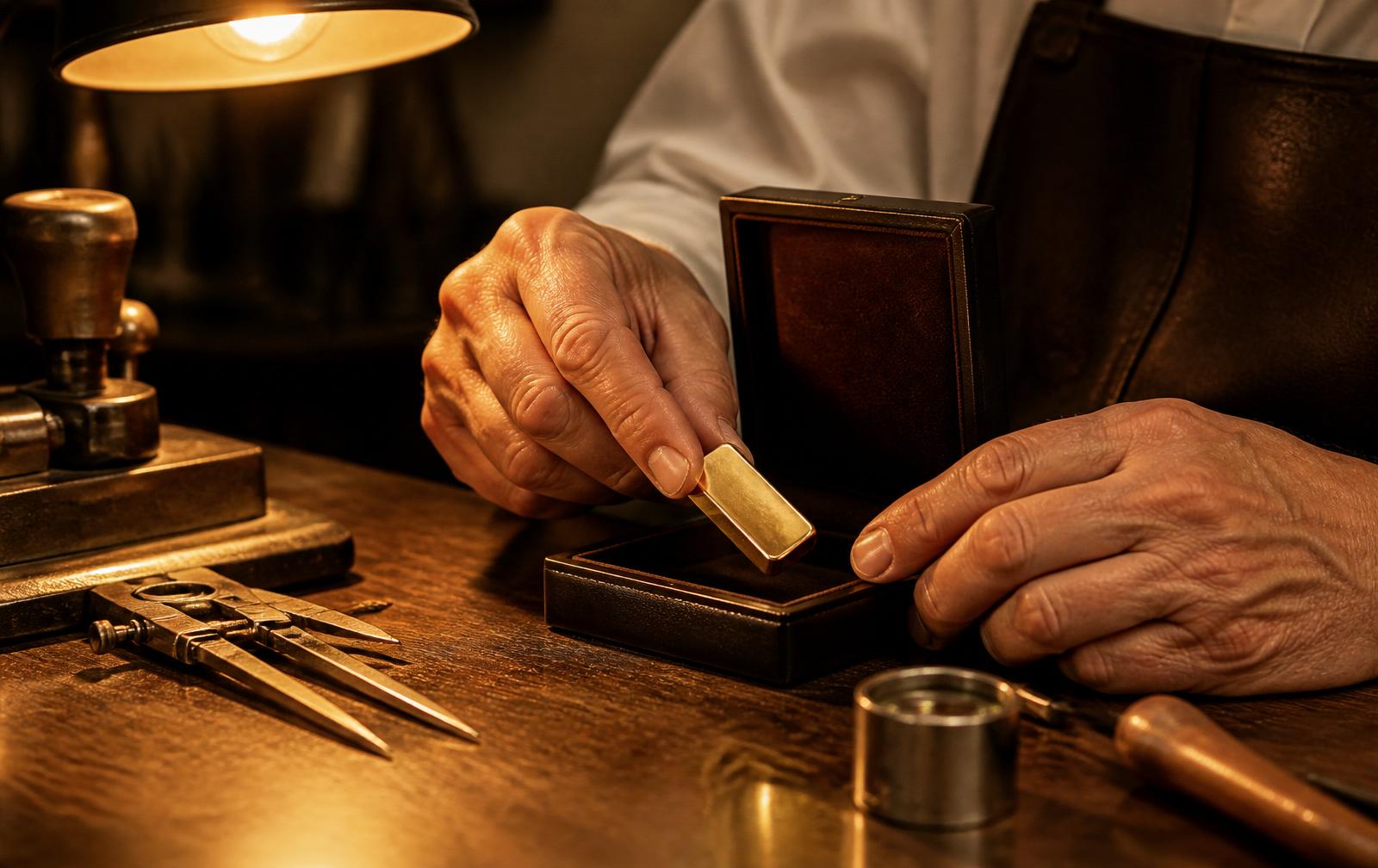 A goldsmith places a finished bar into its presentation box.