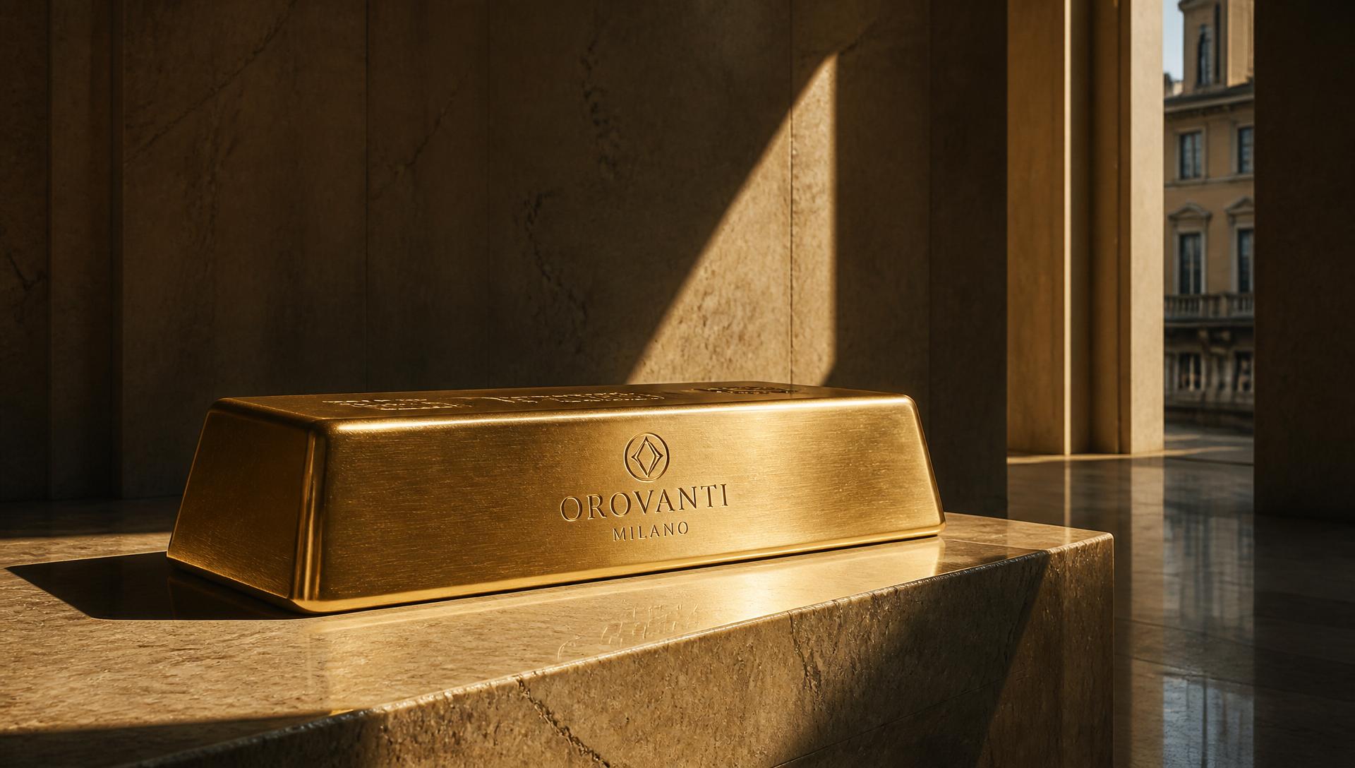 A single Orovanti bar rests on travertine in Milanese afternoon light.