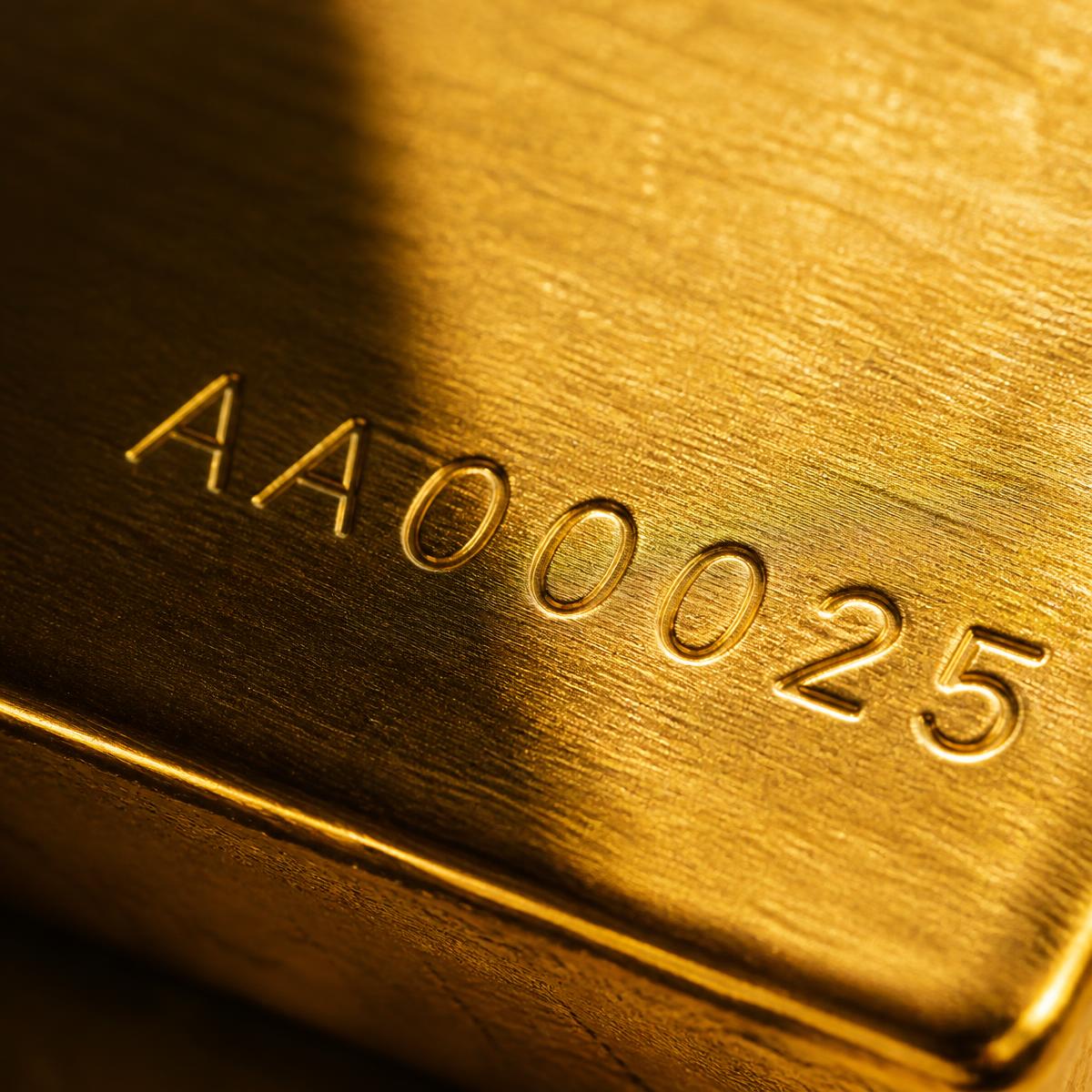 Macro of a brushed gold surface with a serialised engraving.